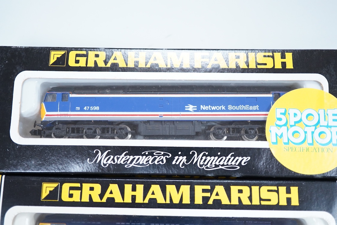 Four boxed Graham Farish N gauge railway Class 47 diesel locomotives; a Waterman Railways Heritage Class, Lady Godiva 47 710 (8022), a Network SouthEast, 47 598 (8024), a Rail Express, 47 594 (8025) and a Railfreight Dis